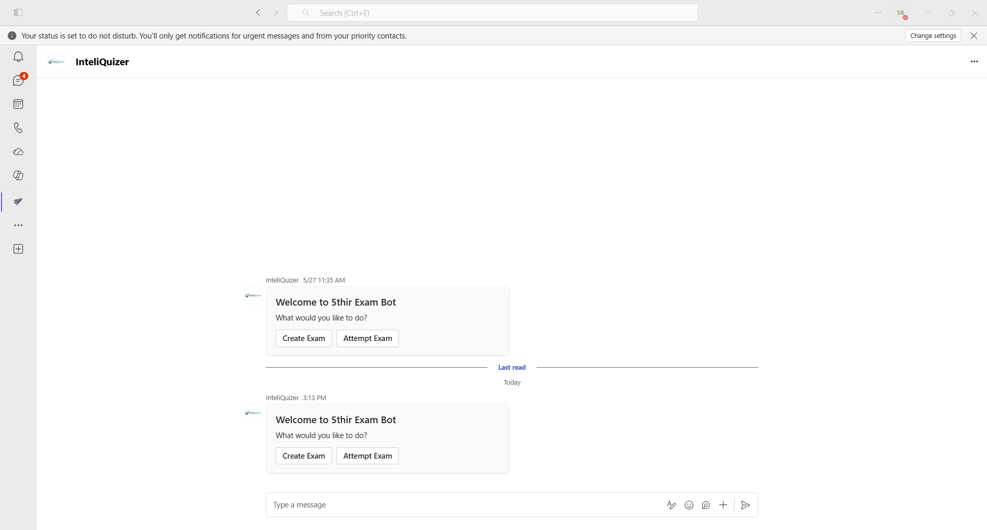 Start exam on Teams bot